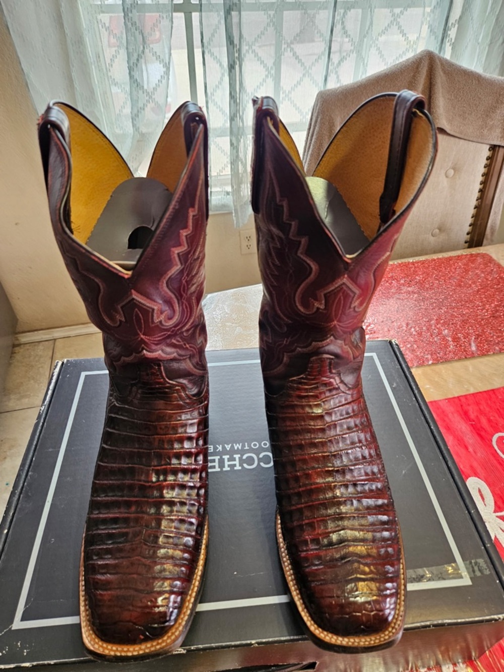 Lucchese Men's Dark Brown Crocodile-Print Western Boots with Burgundy Shaft